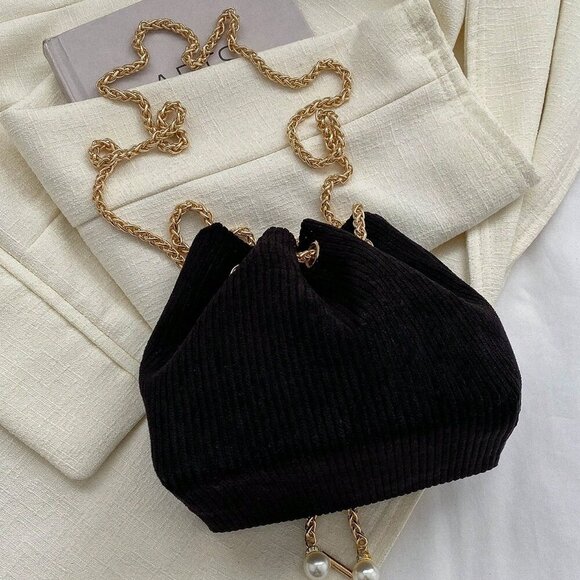 Black Fashionable Women's Chain & Faux Pearl Decor Bucket Bag Polyester - Picture 4 of 6